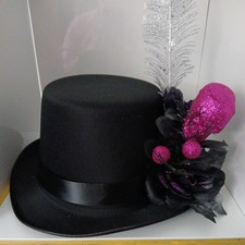 Gothic Halloween Black Top Hat Felt w/ Flower Feather Glitter Accents, One Size