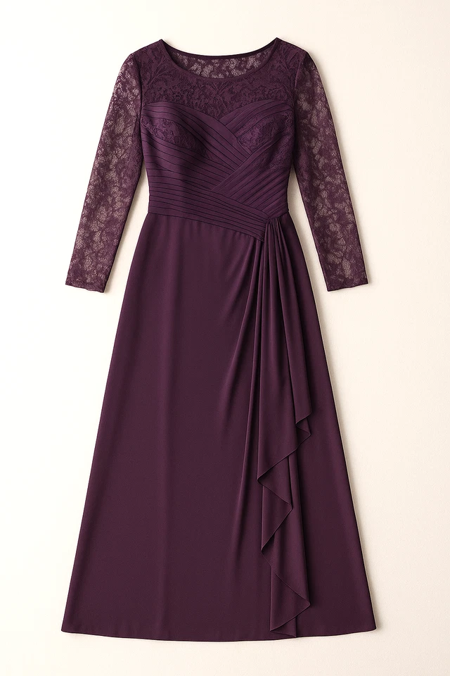 Tadashi Shoji 蕾丝 Yoke 百褶分层礼服长袖正装连衣裙紫色 6 — 第 2/4 张图片