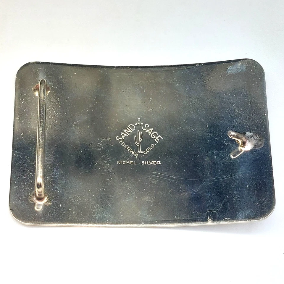 Vintage Sand Sage Nickel Silver Horseshoe and Cowboy Boots Belt Buckle Denver CO - Image 2 of 4