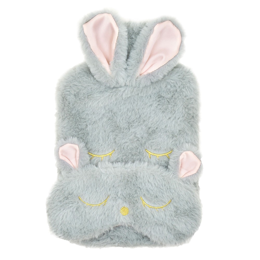 Follow That Dream Luxury Hot Water Bottle & Eye Mask Set: Grey Faux Fur Rabbit
