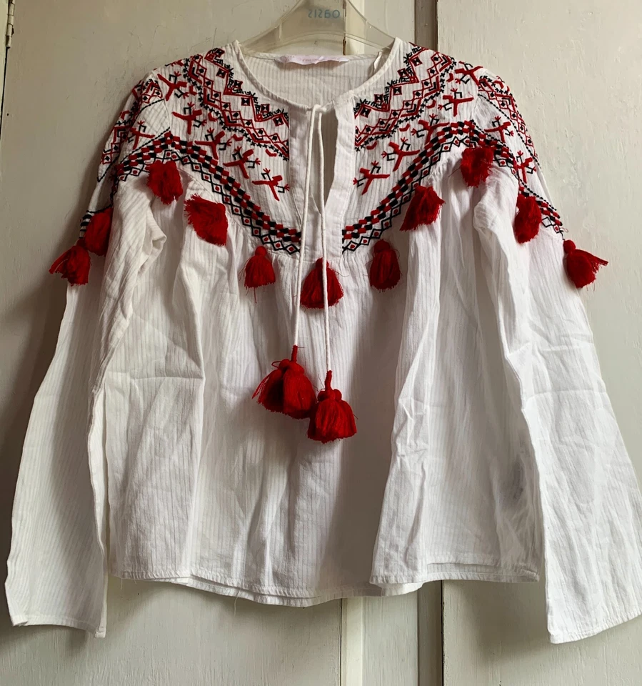 ZARA Tunic Top XS White & Red Cotton Tasselled Embroidered Long Sleeve - Image 2 of 4