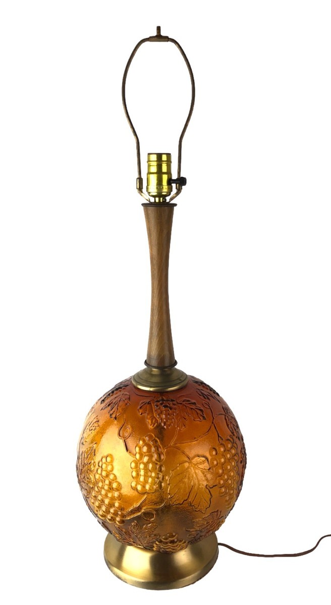 Vintage Amber Glass Round Globe Table Lamp Grapes Grapevine