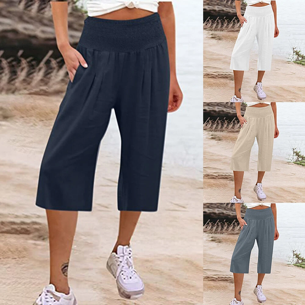 2023 Women Linen Capri Pants 3/4 Length Elastic Solid Color Plus