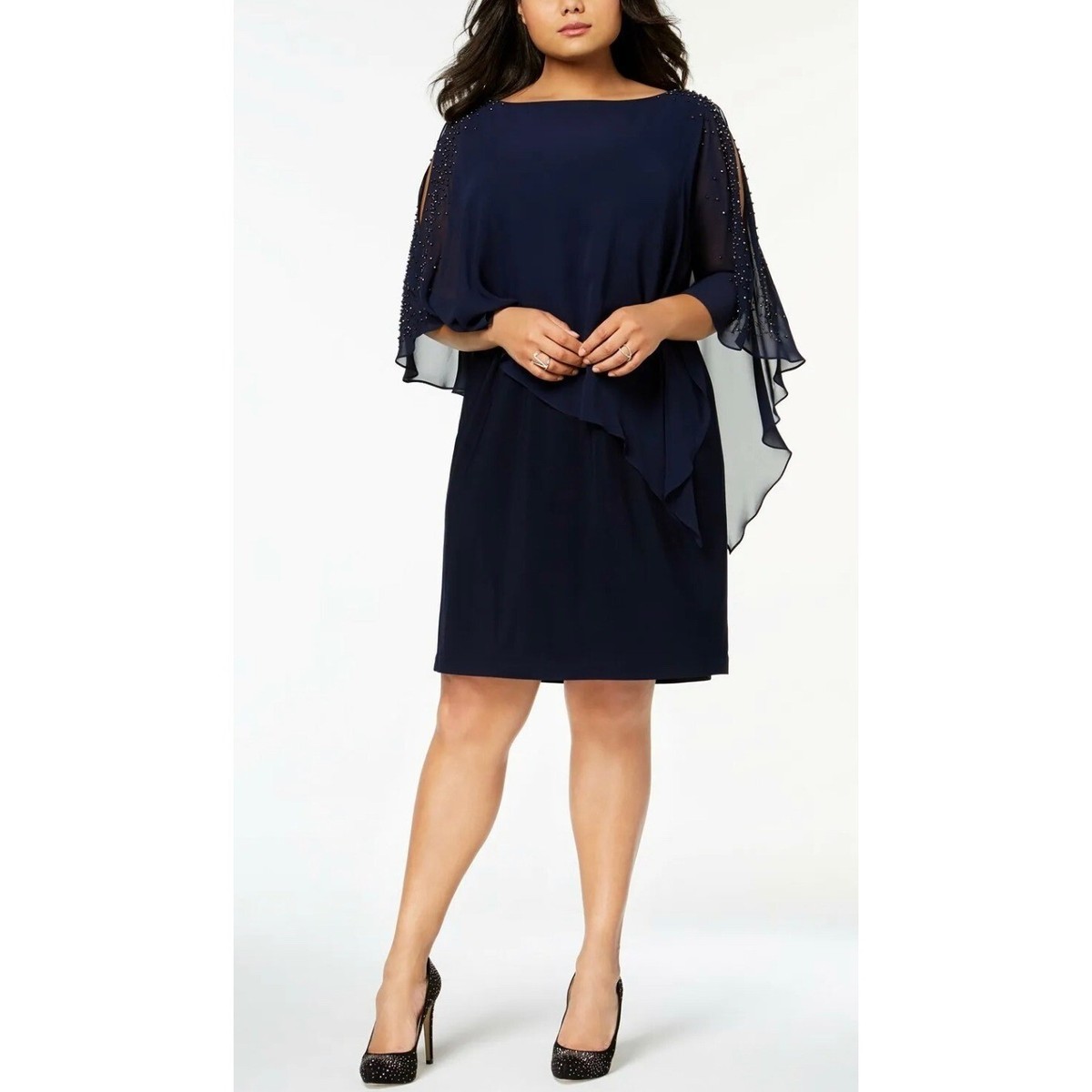 Xscape Plus Size Beaded Chiffon Popover Dress Navy 16W