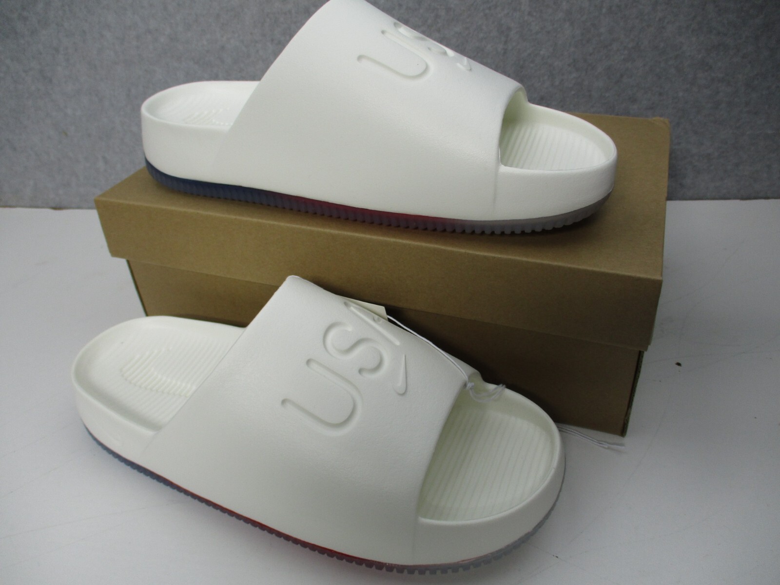 Nike Calm Slides USA White Sail Blue Red Comfort Flip Flops Mens Size 10