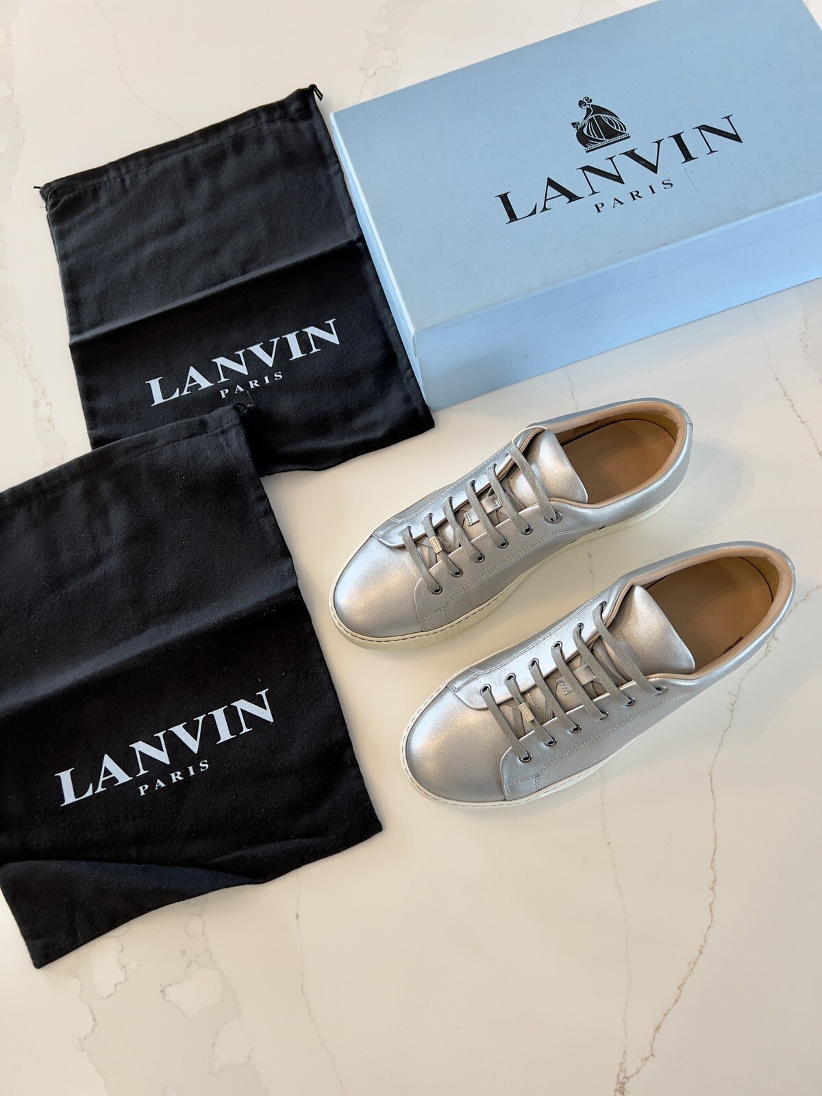 New In Box RARE Lanvin Metallic Smooth Calfskin Silver Low Top Sneakers