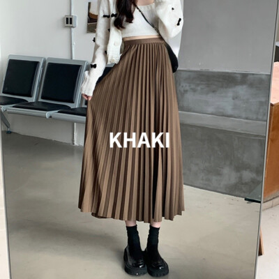 Donna Midi Gonna a Pieghe Elastico Vita Alta a-Line Swing Solido