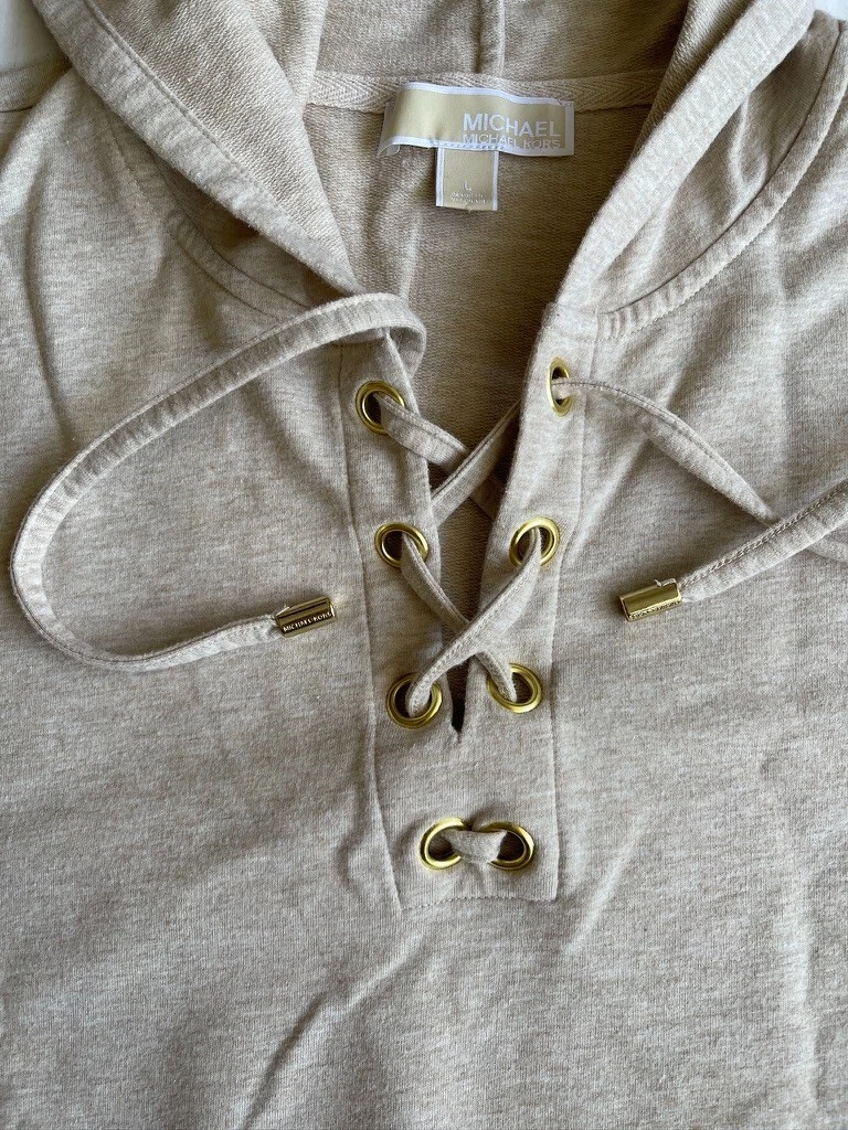 OFF WHITE Felpa donna Michael Kors stringata davanti con cappuccio taglia grande colore panna