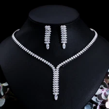 Silver Plated CZ Drop Necklace Earrings Jewelry Set for Brides Wedding Banquet