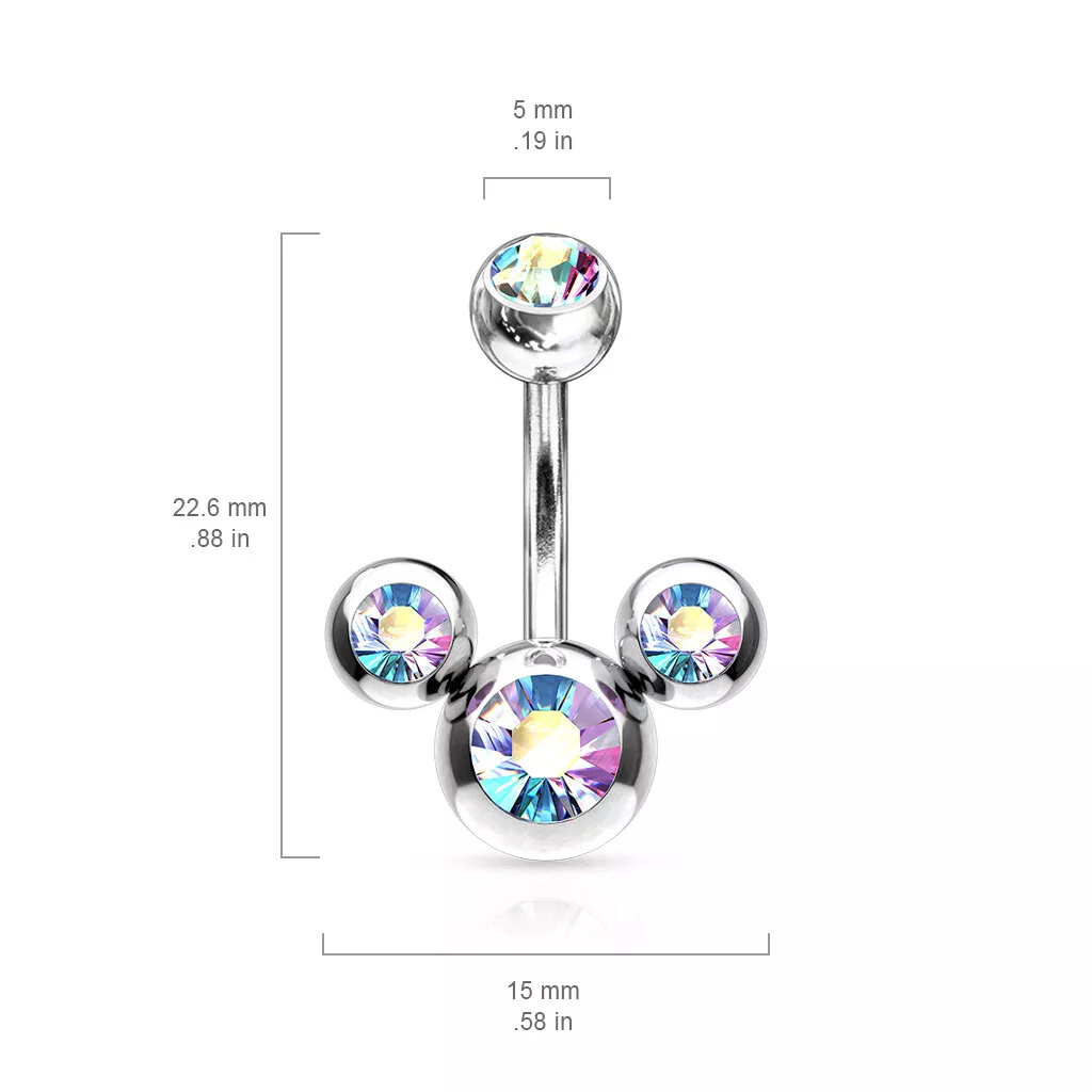 Mickey Mouse Belly Ring Pierced Navel Triple CZ Gem Surgical Steel Piercing
