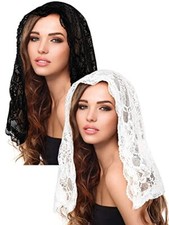 2 Pcs Lace Veils for Church Mantilla Catholic Veil Latin Medium, White, Black