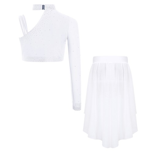 Girls Set Ballet 2 Piece Chiffon Outfits Modern Crop Top With Skirt Mock Neck - Picture 48 of 58