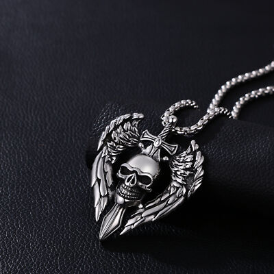 Mens Punk Gothic Large Skull Cross Angel Wing Pendant Stainless