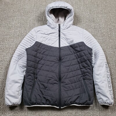 New Balance Jacket Womens Large Gray Black Quilted Puffer Sherpa Lined Insulated