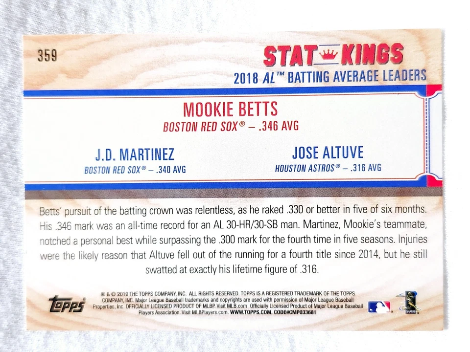 2019 Topps Big League Stat Kings Jose Altuve, Mookie Betts, J.D. Martinez #359 - Image 2 of 2