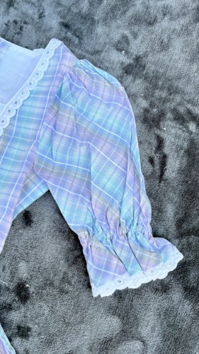 vtg Girls Kids Austrian Pastel Plaid Eyelet Trim Oktoberfest Apron Dirndl Dress - Picture 4 of 23