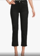 Cavalli Class High Rise Straight Leg Jeans Raw Hem Distressed Knee Black Size 25