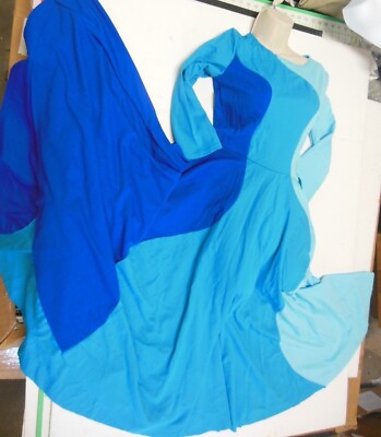 Praise Dress 3/4 Sleeve Wave Panels Full Circle Skirt White Blues Small Adult