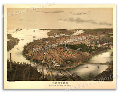 Bird's Eye View 1877 Boston Massachusetts Vintage Style City Map - 18x24