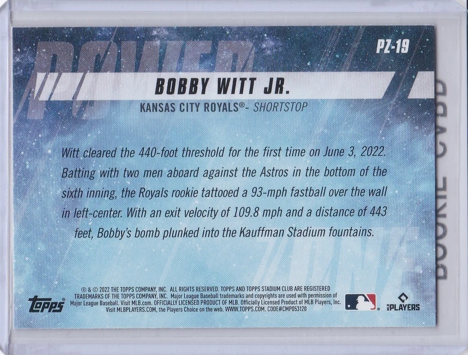 BOBBY WITT JR. ROOKIE CARD Kansas City Royals 2022 TOPPS STADIUM CLUB POWER ZONE - Image 2 of 2