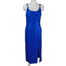 Vintage Cobalt Blue Embroidered Sequin Evening Gown w/ Sheer Cape Overlay Size L