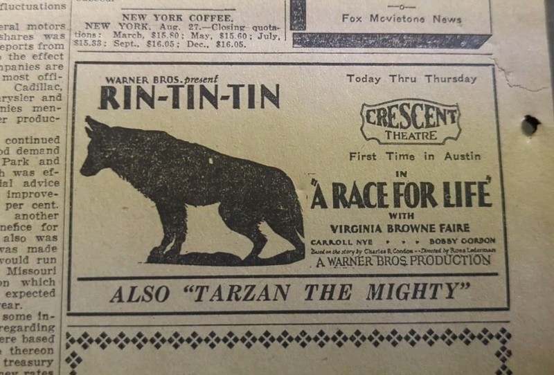 AUG 28, 1928 NEWSPAPER PAGE #1048- RIN TIN TIN IN "A RACE FOR LIFE" MOVIE AD