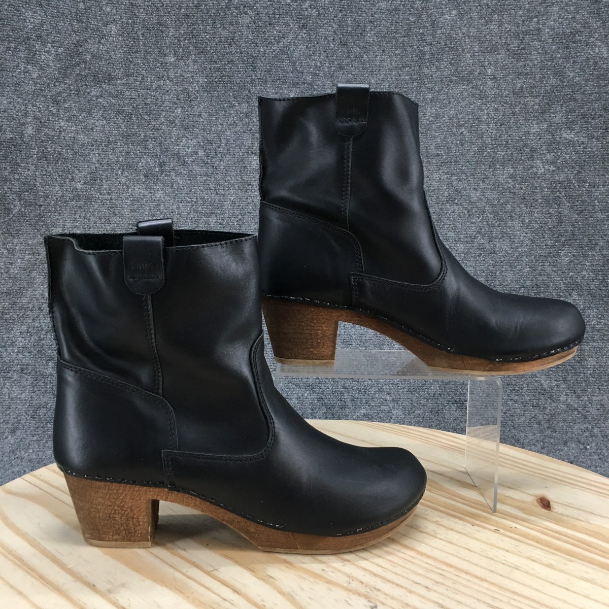 Sanita Boots Womens 42 Juna Wooden Ankle Bootie Black Casual Pull On Block  Heels