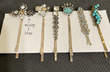Six Beautiful Vintage Jeweled Hair Pins Only 1 Stone Missing 2.25"-2.5" 130