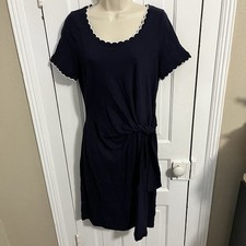 Talbots Nantucket Slub Side Tie Dress Navy Blue Medium Nautical Preppy G2