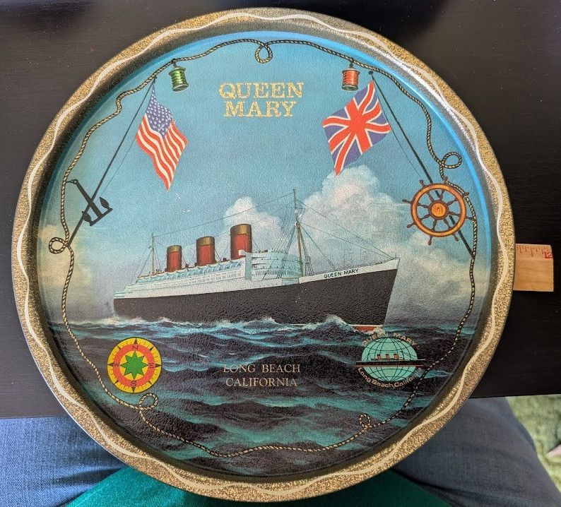 ~~ Vintage 10.75" Metal Souvenir Tray ~ Queen Mary, Long Beach Calif  c 1971 ~~