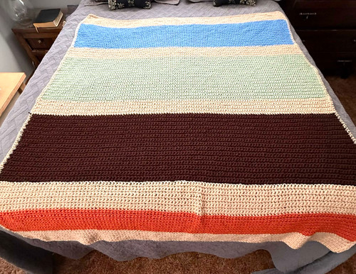 Afghan Handmade Throw Blanket Brown Beige Blue Green Striped Vintage 50" x 60"