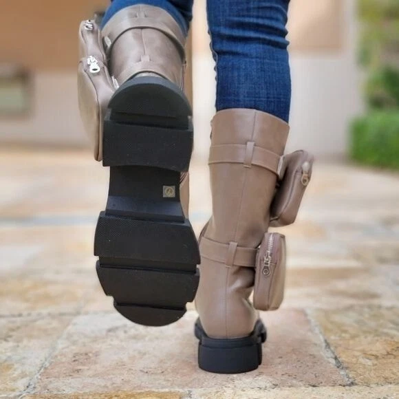 Women's Taupe Lace up High Combat Boots Lug Sole - Image 4 of 4