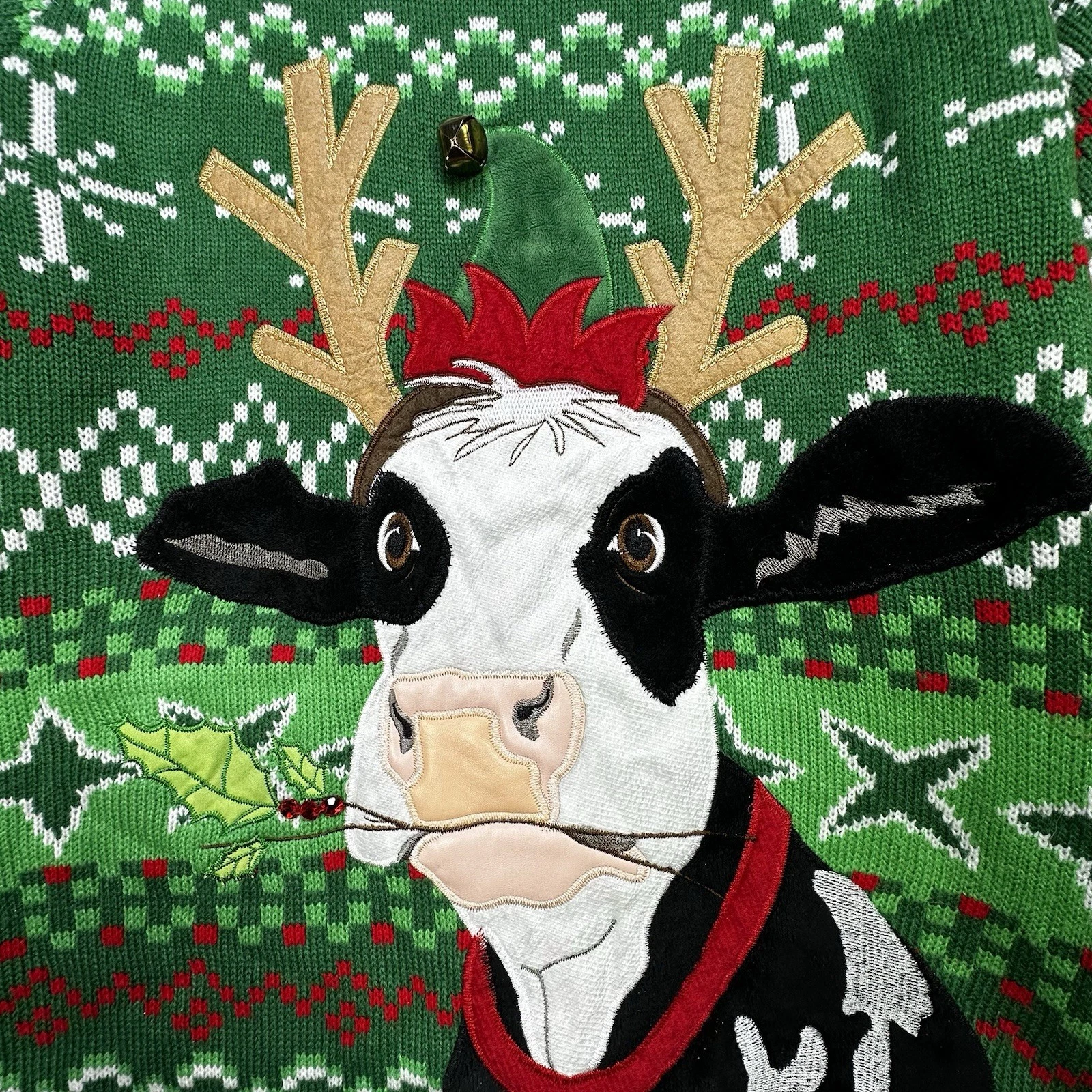Ugly Christmas Sweater COW Antlers & Bell Holly Holiday Time Size Small (34-36)