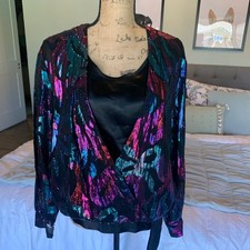 Vintage 80s Sheer Black MultiColored Metallic Faux Wrap Top blouse studio 54 L
