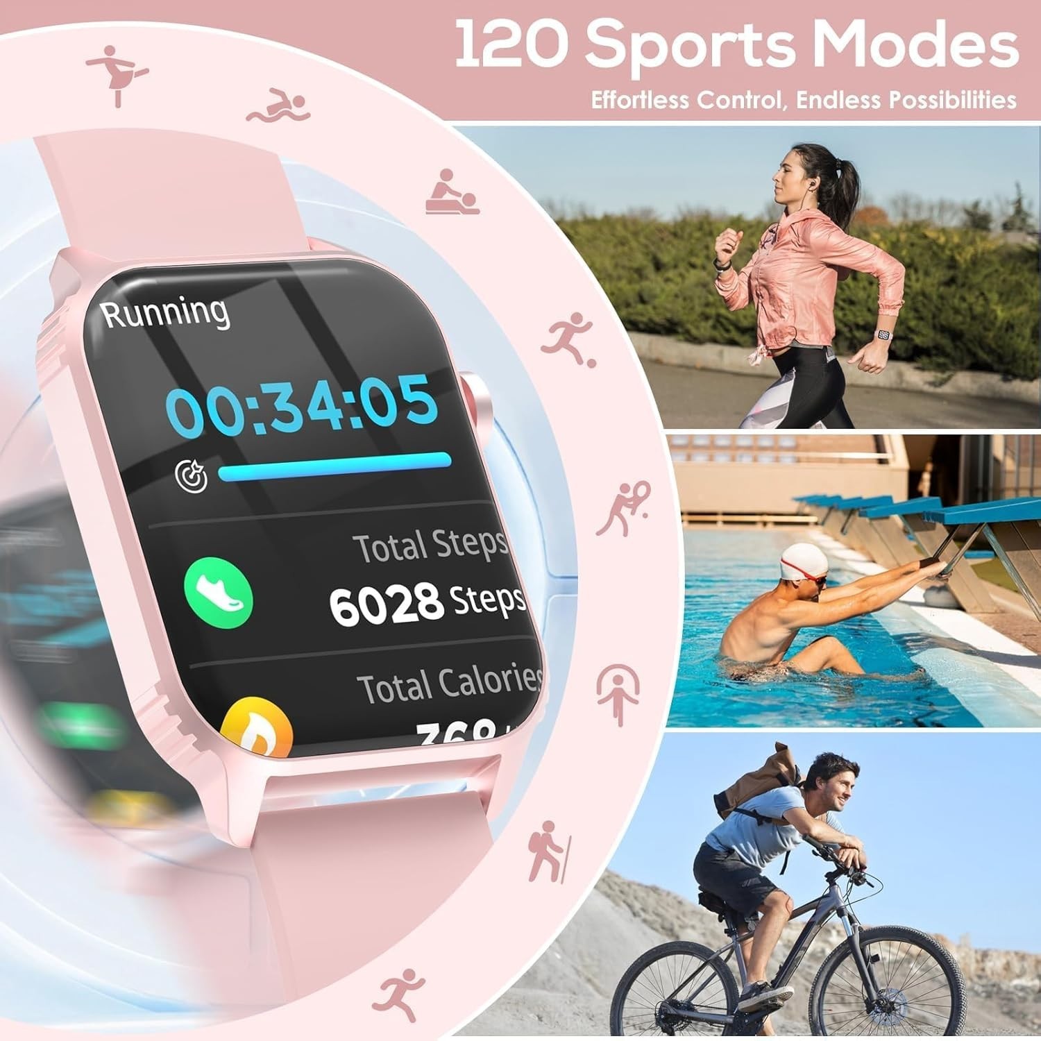 Smart Watch 1.83 HD Chiamata Bluetooth 120 Modalità Sport Cuore Sonno IP67 Rosa foto 4