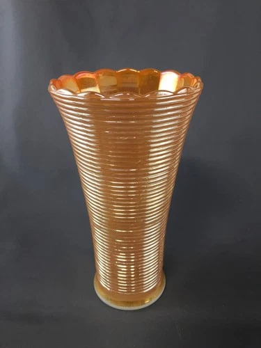 VTG Anchor Hocking Fire King Iridescent Peach Lustre Ribbed Ringed Glass Vase