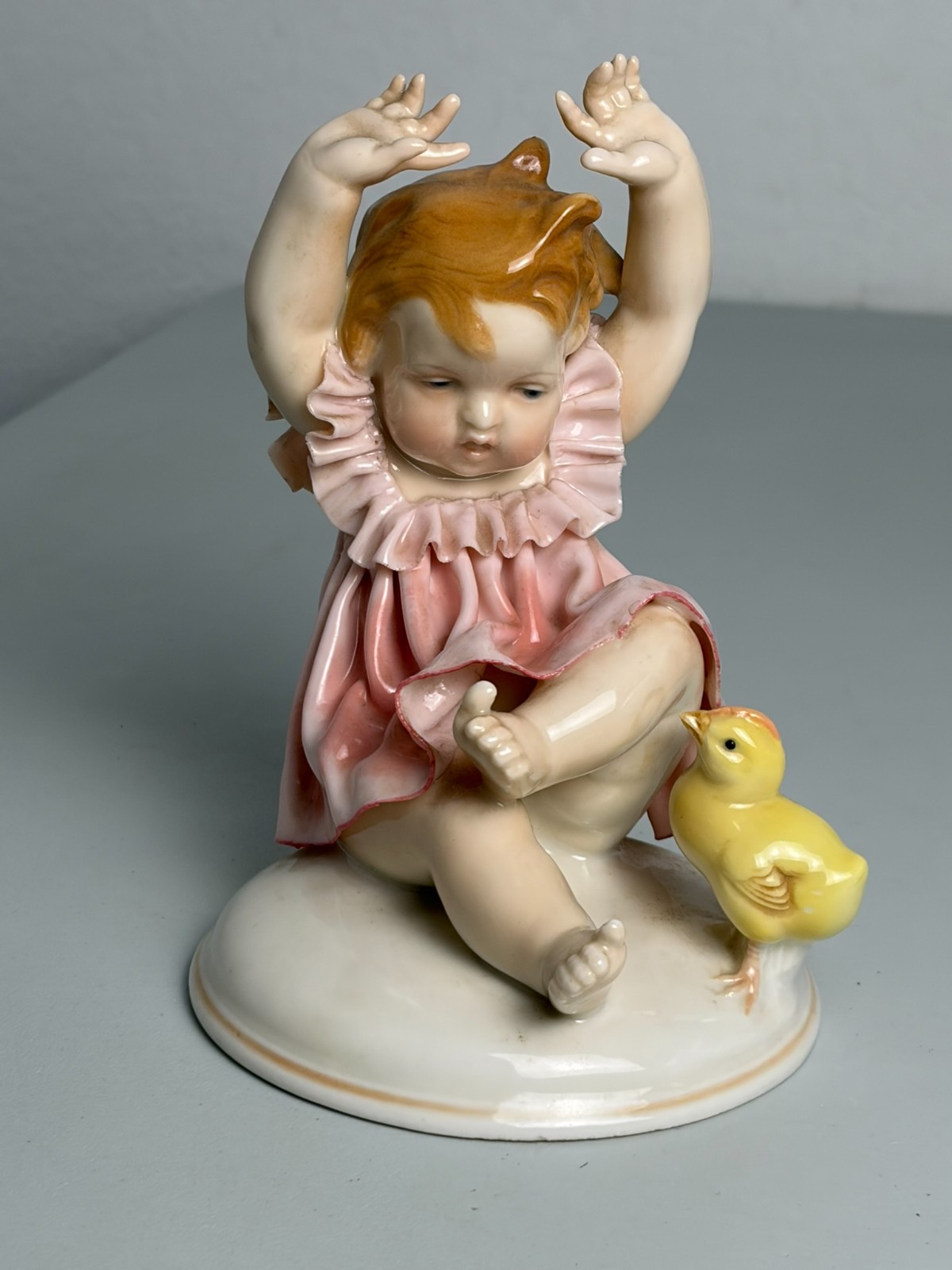 *Damage Vintage Karl Ens Porcelain Figurine Child w/ Baby Chick Art Deco Germany