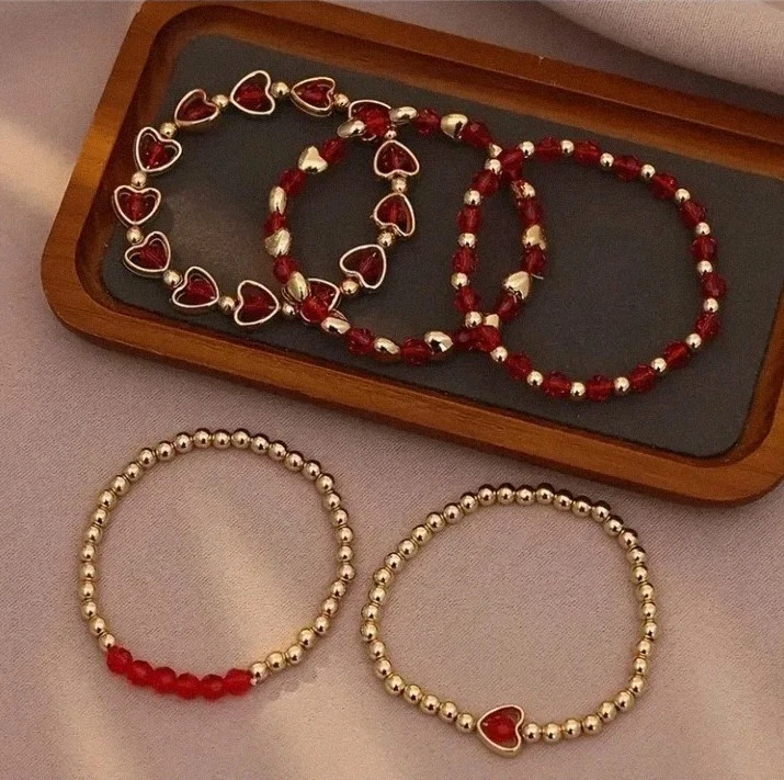 Perlen Armband Set 5tlg❤️ Boho Ibiza Style, rot - gold✨Perlenarmband✨ Trend 2025 - Bild 2 von 4