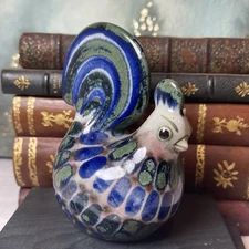El Palomar Folk Art Tonala Mexico Hand Painted BLUE GREEN Rooster 4.5” Signed 🐟