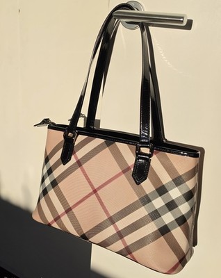 BURBERRY Nova Check Tragetasche 36x22 Beige/Schwarz Canvas Leder Reißverschluss