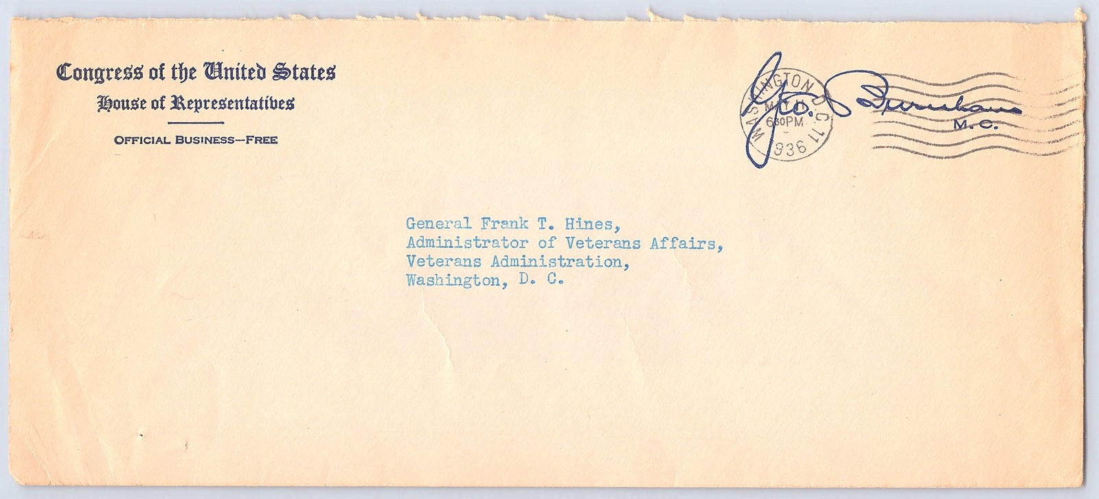 Washington, D.C., House of Representatives Official Business—Free, — 1936