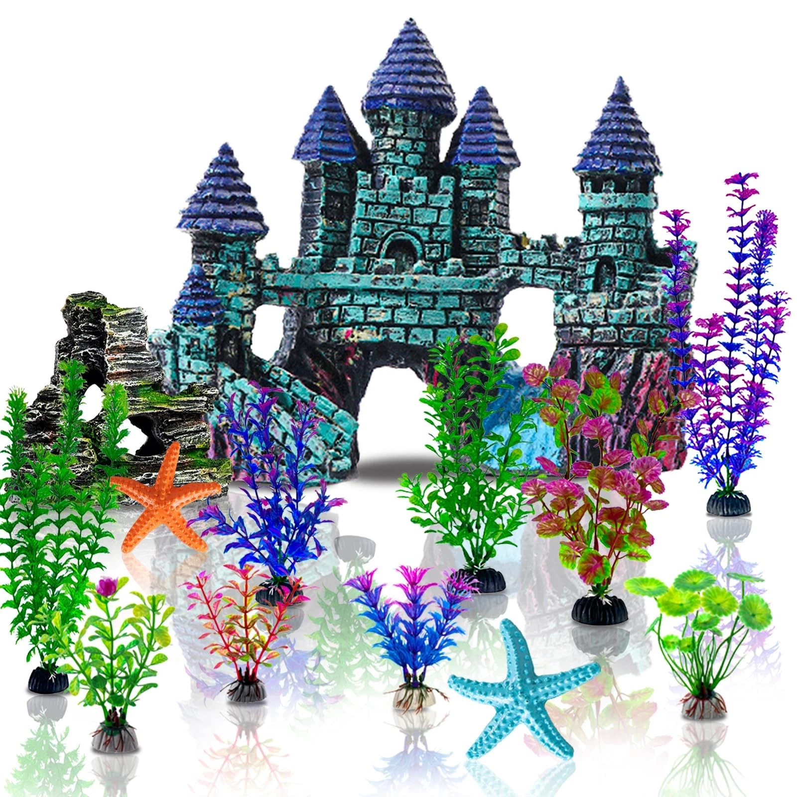 Mechpia 13 Pieces Aquarium Decorations Kit, Fish Tank Blue,green,purple