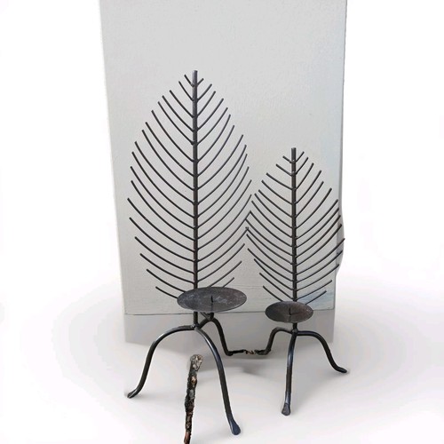 The Owl & The Crow Metal Aspen LEAF Shaped Pr Candle Holders 15.5" & 19
