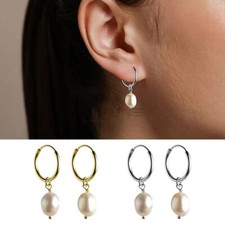 Freshwater White Pearl Sterling Silver Round Drop Dangle Huggie Hoop Earrings 2x