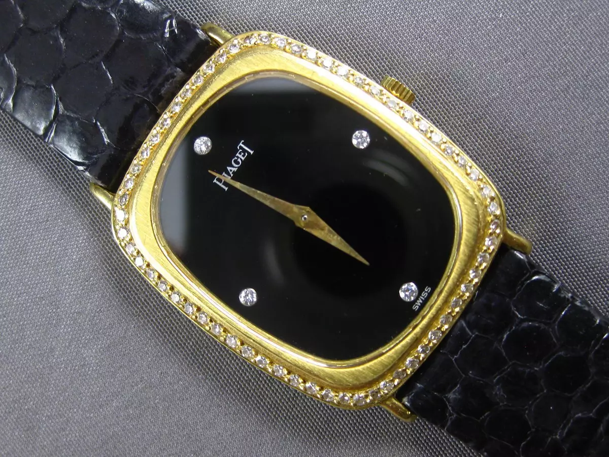 LARGE .80CT DIAMOND 18KT YELLOW GOLD BLACK SQUARE FACE PIAGET MENS WATCH 27783