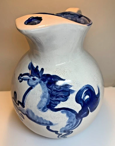 Lg Heavy M A Hadley Jug Pitcher Ice Lip Antique/Vintage Pottery blue horse RARE
