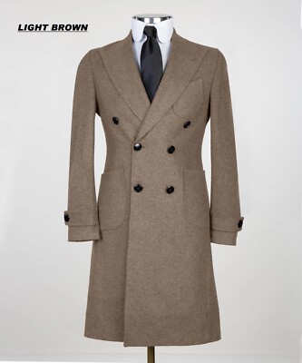 Mens Overcoats Double Breasted Mid Long Trench Coats 100% Wool Thick Warm Coat