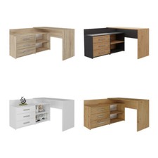 Modern L-Shaped Corner Desk with Drawers and Open Shelves for Home or Office