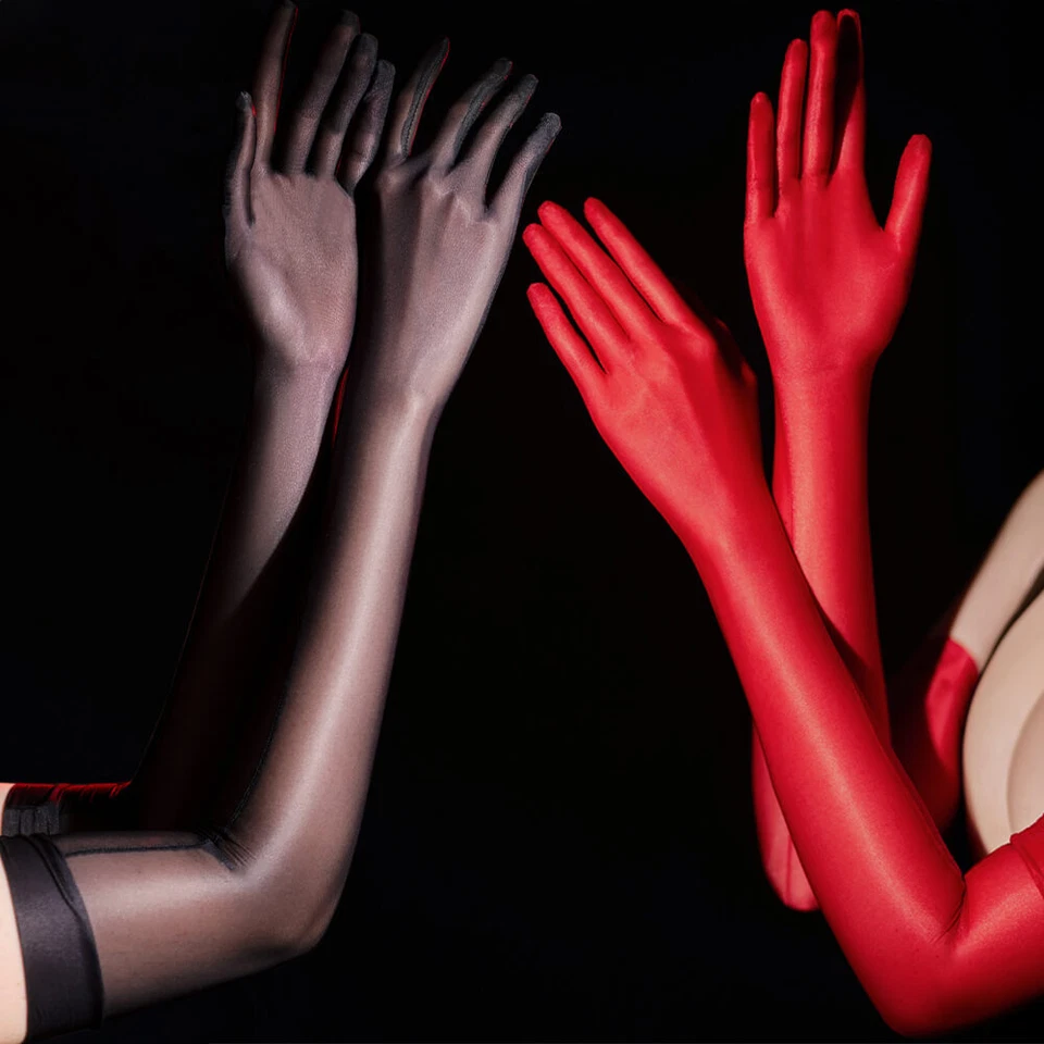 Luvas de náilon brilhantes oleosas transparentes ultrafinas fantasia de festa de formatura tamanho médio - Imagem 2 de 4