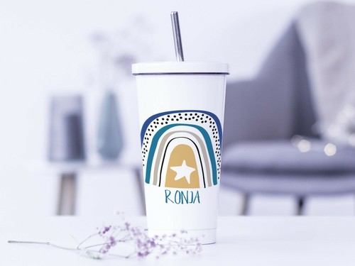Trinkbecher To go mit Name und Strohhalm, Smoothiebecher, Regenbogen, Geschenk - Bild 3 von 5